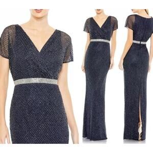 NWT $698 Mac Duggal [ 10 ] Beaded Butterfly Sleeve Column Gown in Midnight Blue